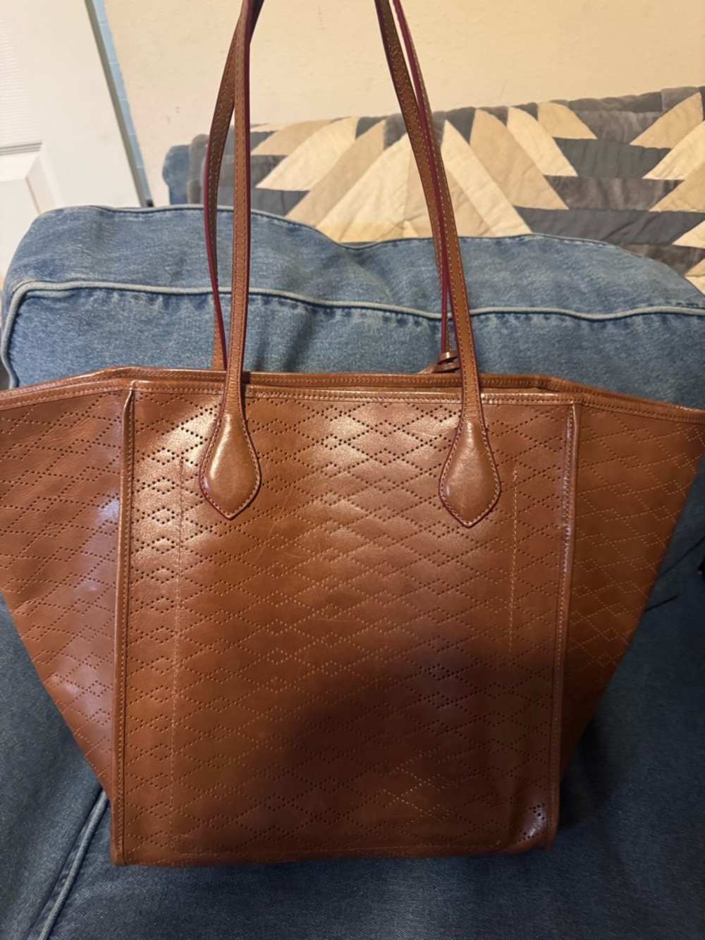 MZ Wallace Perforated Diamond Leather Tote in Cognac Brown